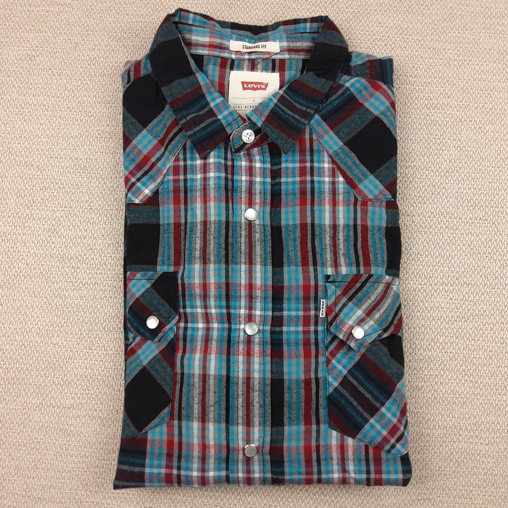 Levis Standard Fit Western Shirt/Red & Blue Plaid w/Pearl Snaps/Men's Size Large